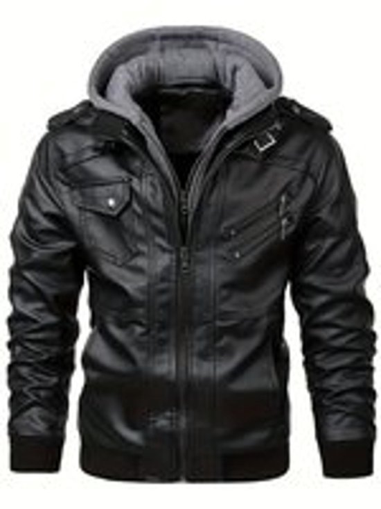 Heren PU leren jas met zakken, casual rits lange mouw capuchon jas voor buiten
