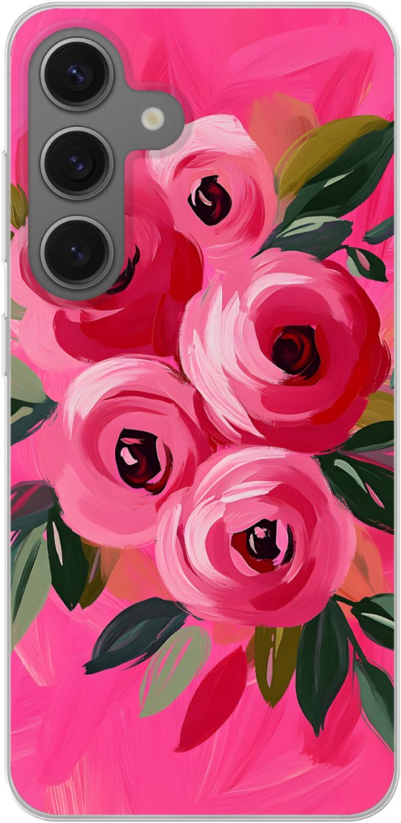 Telefoonhoesje Geschikt voor Samsung Galaxy S25 hoesje - Bloemen - Verf - Roze - Siliconen Telefoonhoesje Telefoonhoesje