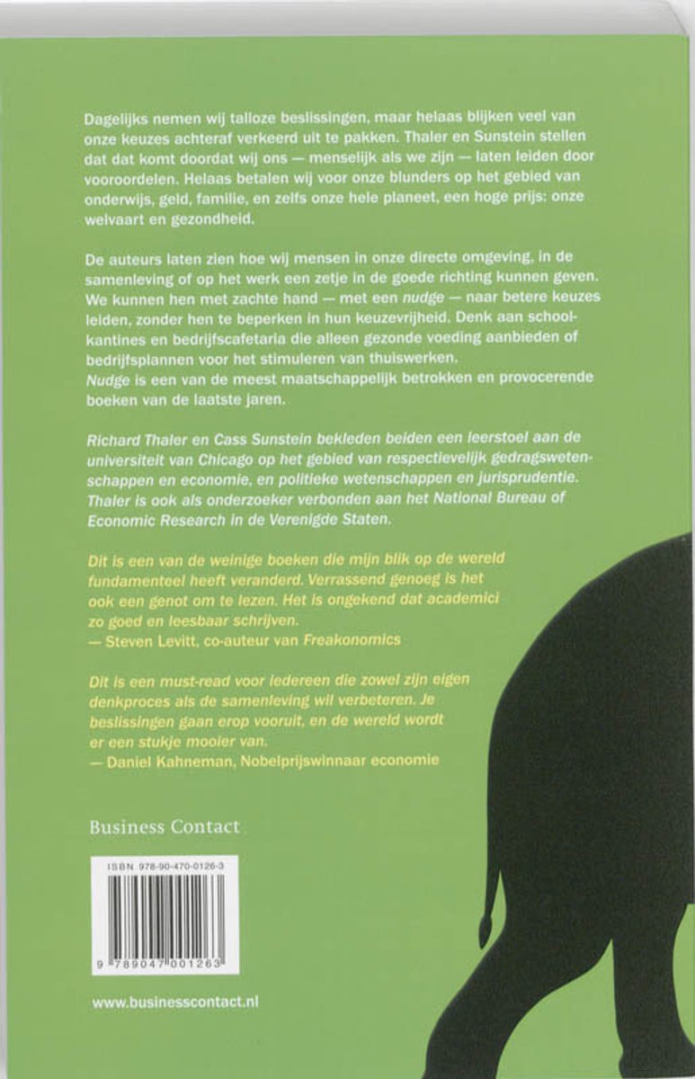 Boekcover met de titel 'Nudge' en de ondertitel 'Naar betere beslissingen over gezondheid, geluk en welvaart'. Een deel van de achterkant van een olifant silhouet.
