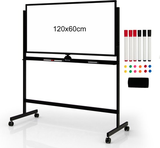 COSTWAY Dubbelzijdig mobiel whiteboard, 120 x 90 cm, droog afwasbaar magnetisch whiteboard met rasterpatroon, rollen, standaard en pennenbakje, incl. accessoires voor kantoor, thuis (zwart