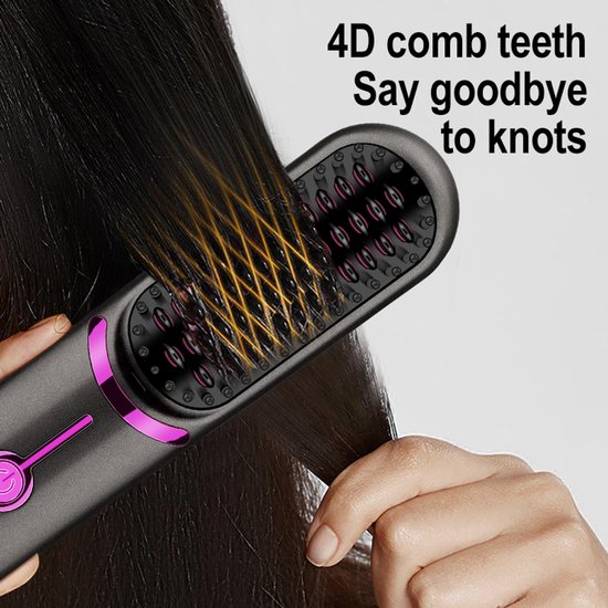 Grijze haarstyler met roze accenten die door donker haar gaan.