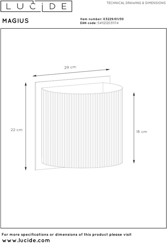 Technische tekening van de 'Magius' wandlamp met afmetingen.