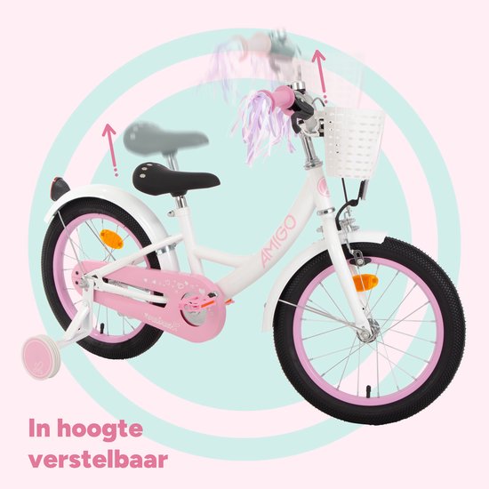 AMIGO Perfect Meisjesfiets - Kinderfiets voor Meisjes - 14 Inch 22 cm - Terugtraprem - Wit/Roze van AMIGO — afbeelding 2