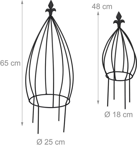 Twee zwarte metalen plantenrekken, 65 cm en 48 cm hoog, met afmetingen.