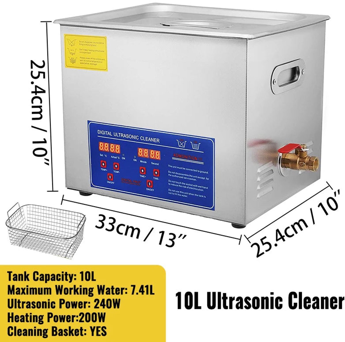 Ultrasoon Reiniger - Reinigingsapparaat voor Brillen - Reinigingsmachine - 10L met Digitaal Display en Verwarming – RVS Reinigingsapparaat voor Thuis en Professioneel Gebruik