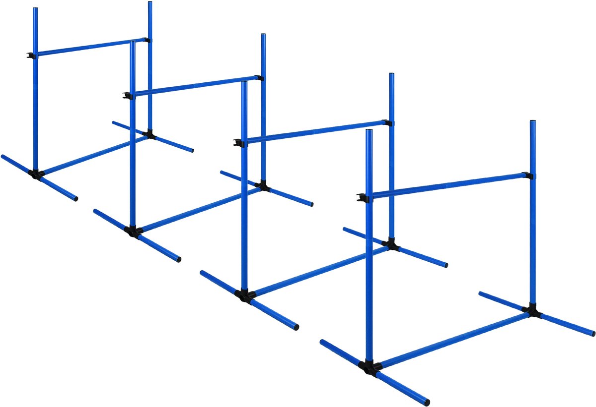 Aufun honden agility trainingsset – blauw – 4 in hoogte verstelbare horden + slalomstokken – met draagtas