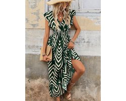 Elegante zomerjurk voor dames, korte mouwen, lange jurk, V-hals wikkeljurk, hoge taille, ruches, maxi-jurk, feestjurken Donkergroen S