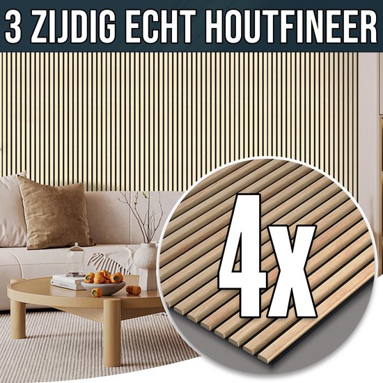 YSONIC Akoestische Wand Panelen - 4 Stuks - 260x60 - Echt Houtfineer - Luxe & Stijlvolle Geluidsabsorptie Eiken Akupaneel - 3 Zijdige Laminatie - Oak