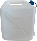 Witte jerrycan met een vierkant reservoir, kraantje en blauwe dop.
