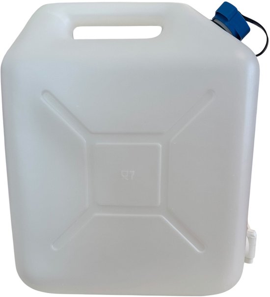 Witte jerrycan met een vierkant reservoir, kraantje en blauwe dop.