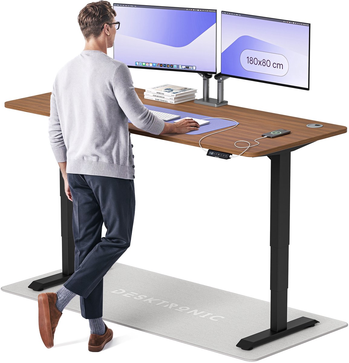 Desktronic HomePro Zit-sta Bureau Elektrisch In Hoogte Verstelbaar, 180x80cm Zwart/Notenhout, Stille Dubbele Motor, Hoogte 62-126cm
