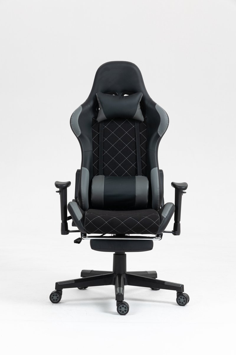 Afbeelding 2 van VDD Gaming - Gamestoel - Gamestoel met Voetsteun - Gamestoel zwart - Gaming Stoel - Bureaustoel gaming - Ergonomische Bureaustoel - Met Nekkussen & Verstelbaar Rugkussen - Game stoel Met Voetsteun - Ergonomische Game Stoel - Draaistoel- Zwart & Grijs