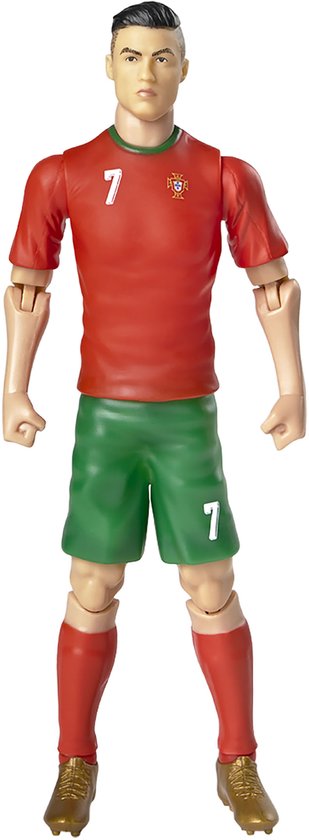 Figurine d'action de Cristiano Ronaldo en maillot rouge numéro 7 et short vert, chaussettes blanches et chaussures de football dorées.