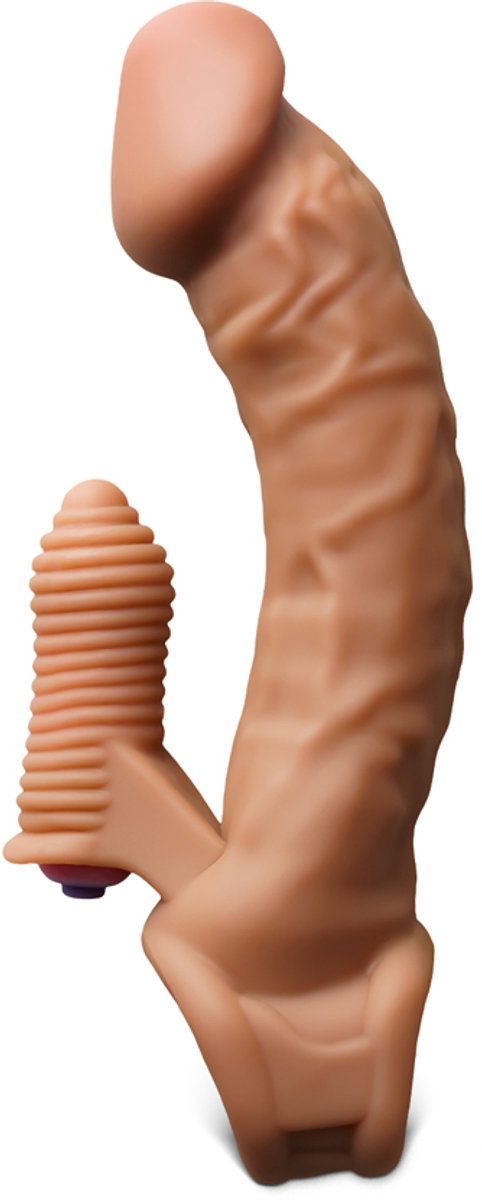 Realistische Vibrerende Penissleeve met Clitorale Stimulator – Verlenghuls met Ribbeltextuur – Beige – Flexibel TPE