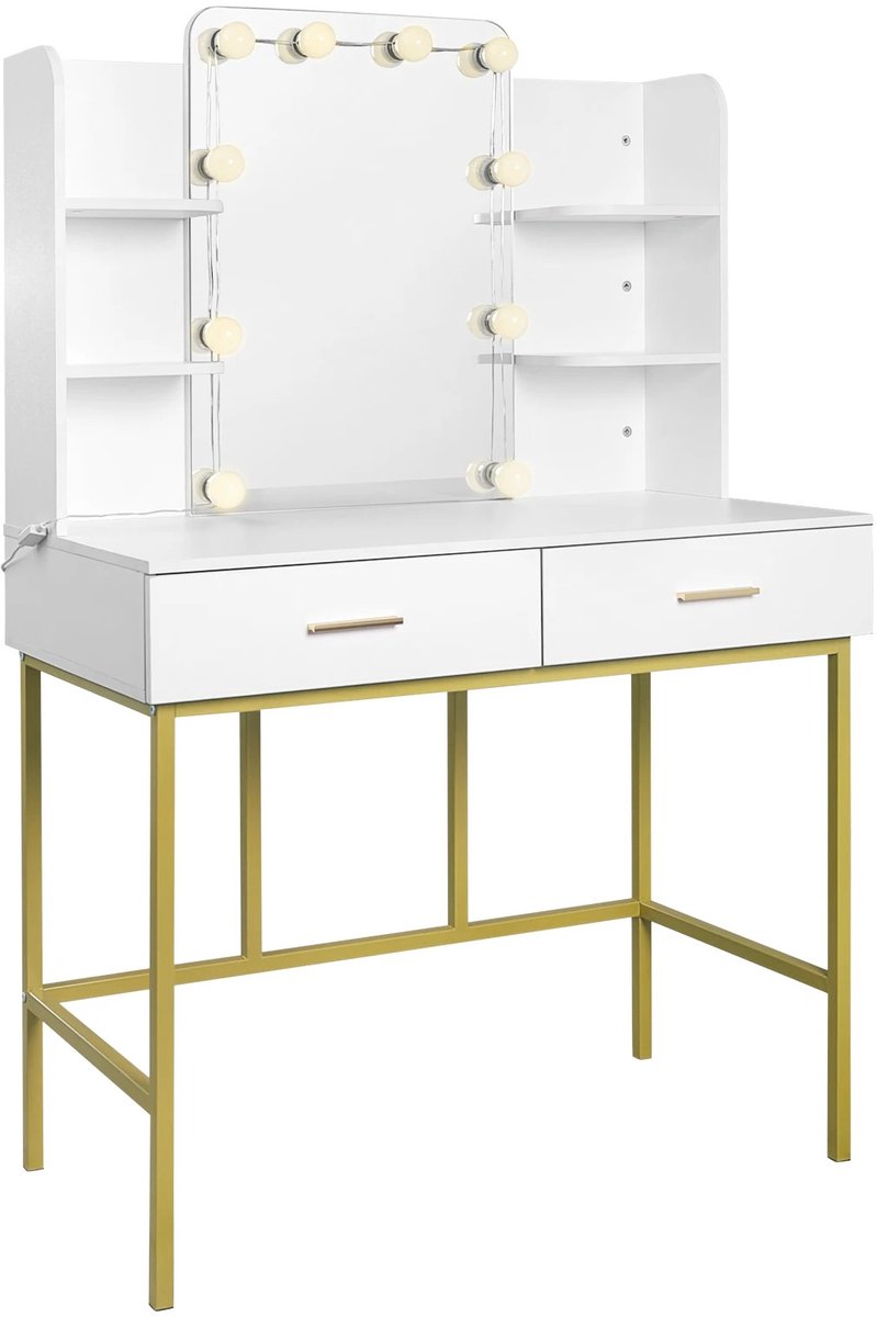 Mila Shop Make-up tafel - Spiegel en verlichting - Kaptafel - 2 lades - Opslag voor Make-up - 90x45x136cm