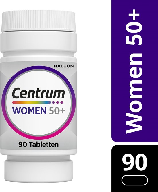 Centrum WOMEN 50+ vitamineflesje. Wit flesje met paars en grijs logo. "90 Tabletten" onderaan.