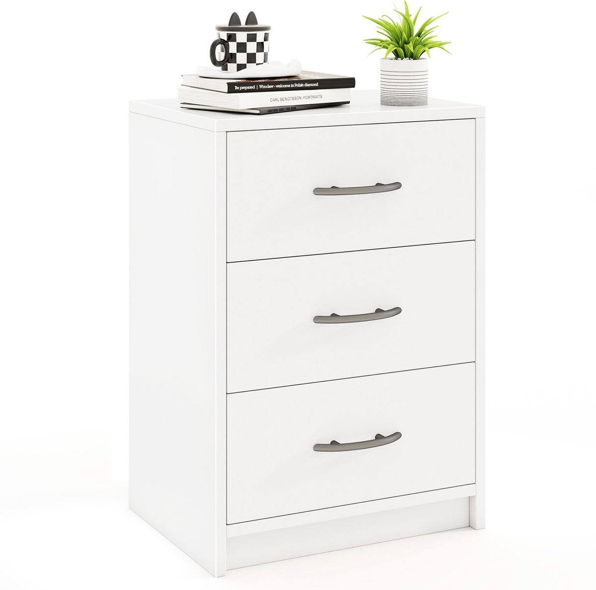 Costway Nachtkastje met 3 laden, nachtkastje voor boxspringbed, bijzettafel, banktafel, nachtkastje, nachtkastje voor slaapkamer, woonkamer, 38,5 x 28 x 54 cm, wit