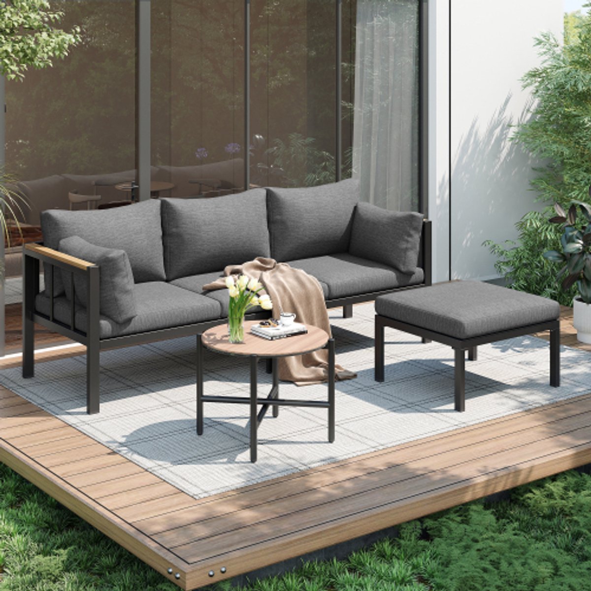 Tuinmeubelset, hoekset, bank + salontafel + voetenbank, gegalvaniseerde stalen buis, glazen tafelblad, geschikt voor tuinen, zwembaden en andere buitenruimtes, grijs Tuinmeubelset, hoekset, bank + salontafel + voetenbank, gegalvaniseerde stalen buis, glazen tafelblad, geschikt voor tuinen, zwembaden en andere buitenruimtes, grijs - Afbeelding 1