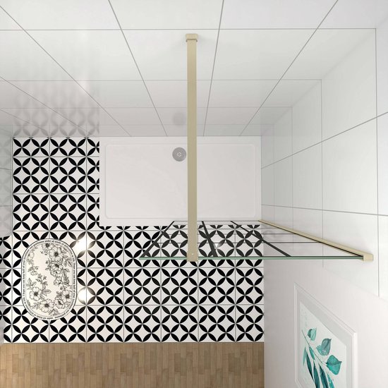 Douchewand-Inloopdouche 100x200cm met mat Zwart kader en raster 8mm NANO EasyClean veiligheidsglas gouden profiel N-Form 90cm Stabilisatiestang