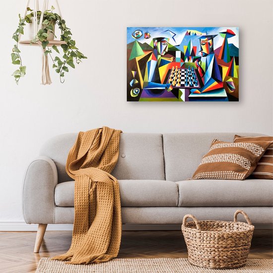 Kubistisch kleurrijk schaakspel kunstwerk - Schaken wanddecoratie - Wanddecoratie schaakbord - Kubisme - Wanddecoratie modern - Woondecoratie - poster 60x40 cm