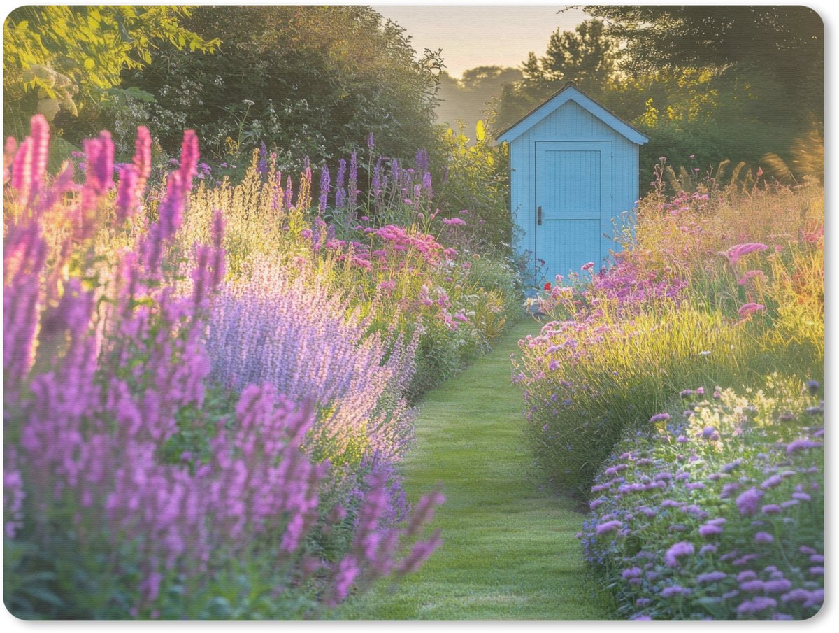 Muismat 23x19 cm - Mousepad Tuinhuisje - Blauw - Bloemen - Muismatten