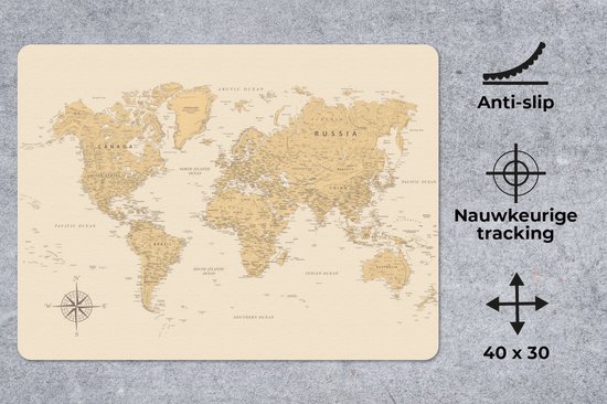 Bureau onderlegger 40x30 cm - Muismat Wereldkaart - Realistisch - Beige - Bureaulegger xl - Desk mat beschermer - Computer muismatten