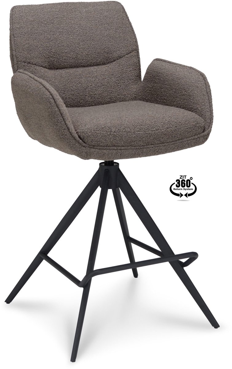 Icon Living Barkruk Lizz - Met Arm - Zithoogte 65 - Stof Alpine Brown - Poot Zwart 360° Return-system Bruin