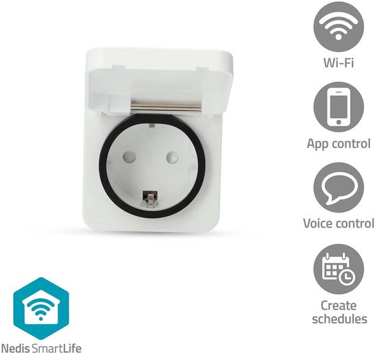 Wit slim stopcontact met open klepje en icoontjes voor Wi-Fi, app, spraak en schema's.