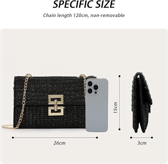 S&Dshopline® Sac à bandoulière en Paille pour femme, été, paille, sac à bandoulière, plage, sac à main tissé, vannerie, enveloppe en rotin, sac à main de party - Zwart