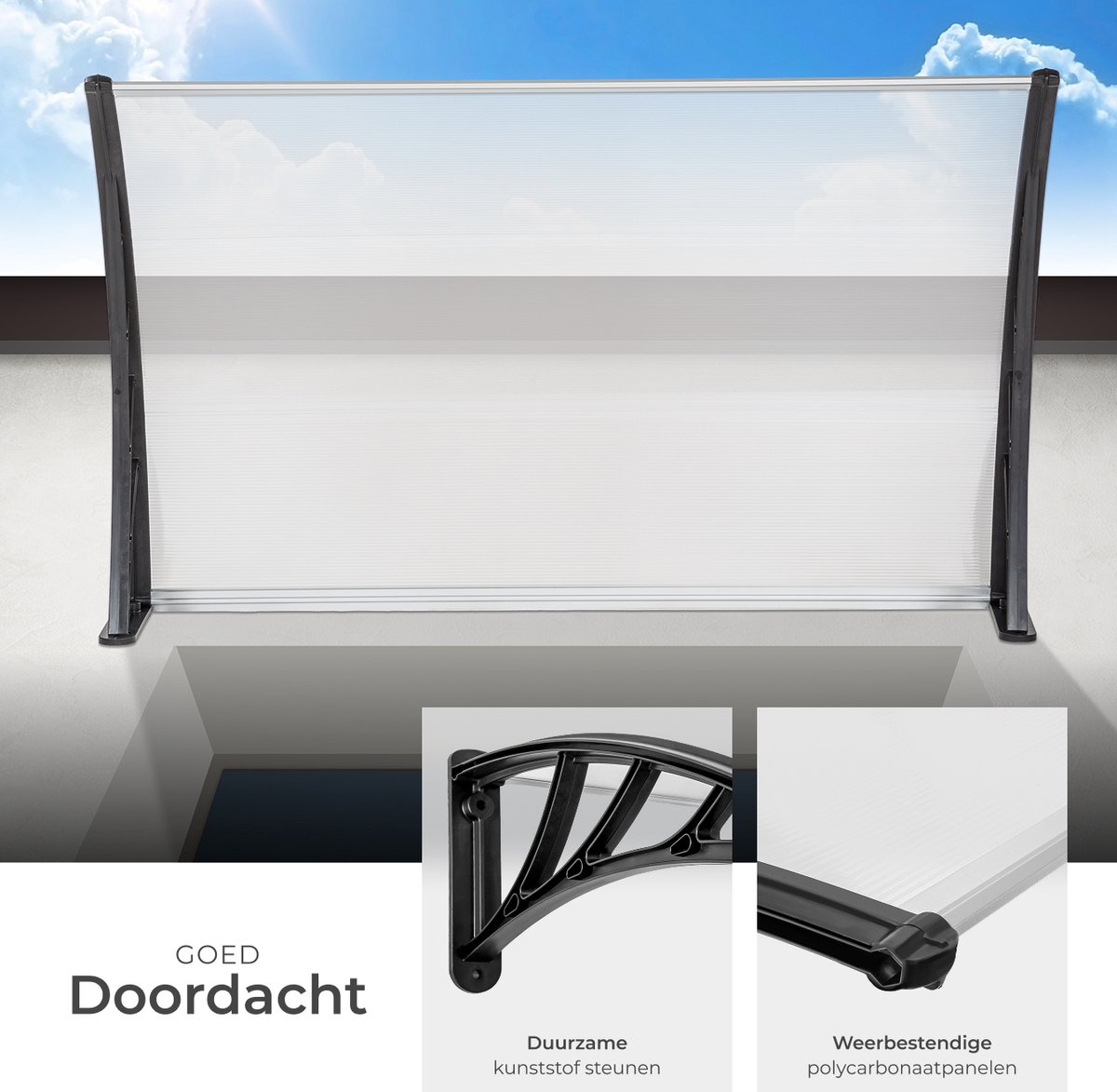 Ansobea Luifel voor voordeur 100 x 150 cm, Aluminium en Polycarbonaat Luifel, Transparante Boogluifel, Lessenaarluifel, Beschermt tegen Regen, Sneeuw en UV-stralen