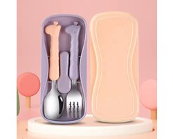 Little Olives - Vork en Lepel - Reisset - Baby bestek - Kinder bestek - Baby servies – Meeneem bestek – Picknick servies - schattig Giraffe - Paars - Oranje - Kinderservies - Kinderservies set - Eten en drinken Peuters - Peuter servies