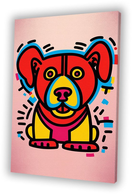 Vue en perspective rapprochée d'une peinture pop-art colorée de chien sur toile.