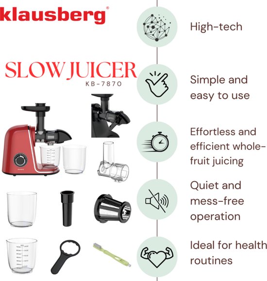 Klausberg Slowjuicer - 150W - 700ml - Groenten en Fruitpers - Met Pulpreservoir - Kersenrood - Juice Maker - Juicer met 7-Traps Perssysteem van Klausberg — afbeelding 2