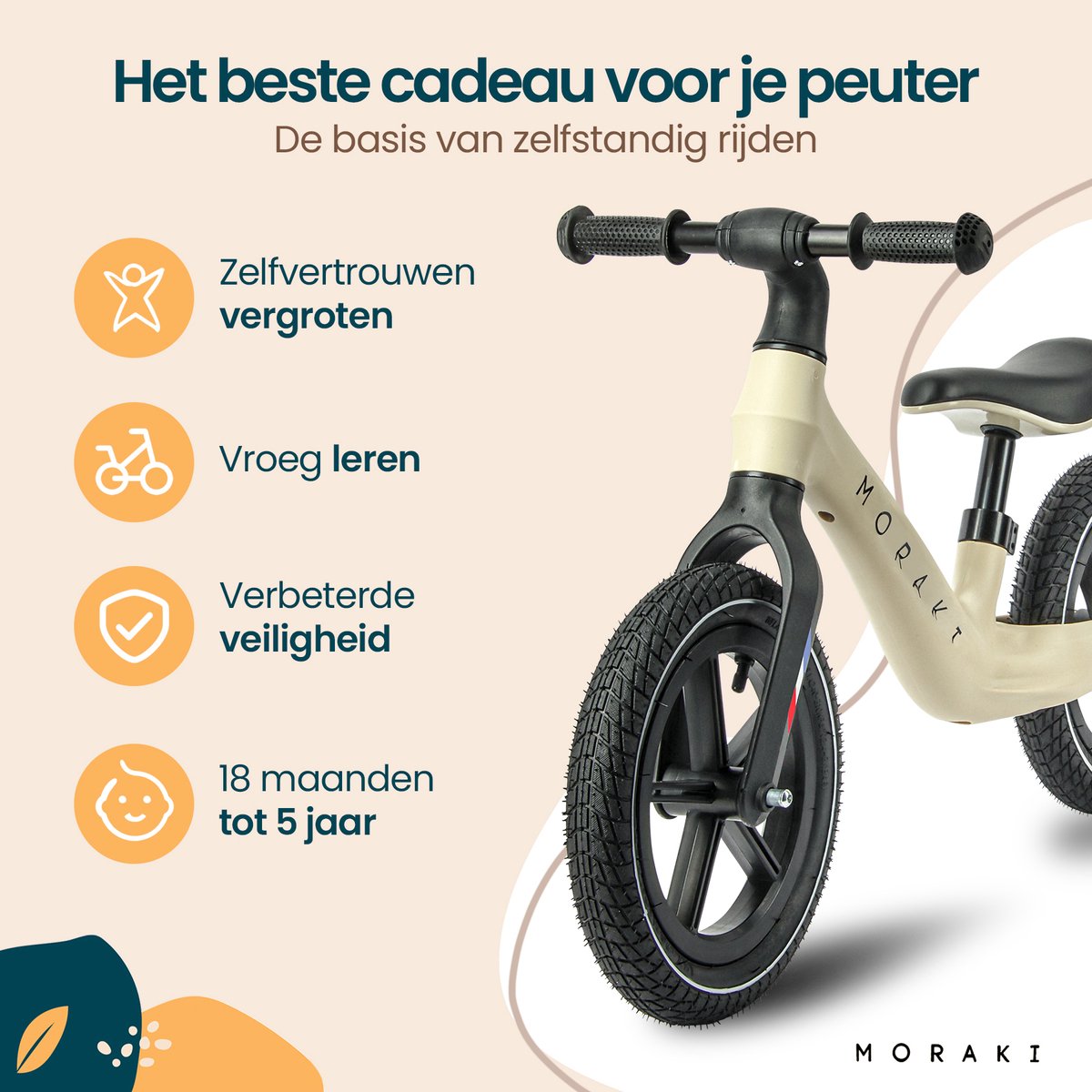 Moraki - Loopfiets - 2 Jaar - Verstelbaar Zadel - Balance Bike - 3 Jaar - Jongens en Meisjes - Beige — afbeelding 9