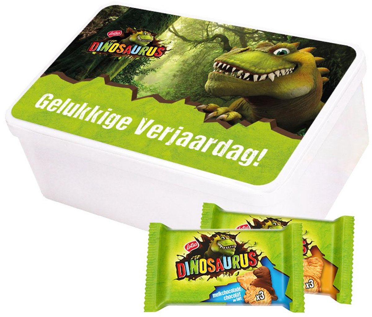 Lotus Dinosaurus collection box - "Gelukkige Verjaardag!" - 8 koekzakjes - koekjesdoos met Lotus Dinosaurus koeken - koek natuur & koek met chocolade - kinderkoeken - verjaardagscadeau - 401g