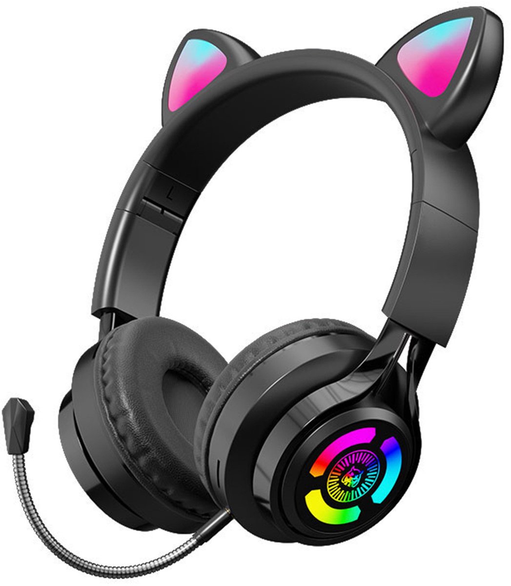 KINSI Schattige Kattenoor Over Ear Koptelefoon, Draadloze Bluetooth-hoofdtelefoon met RGB-verlichting & Bedrade Optie, Perfecte Luisterervaring