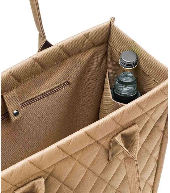 Bruine shopper tas met ruitpatroon. Binnenzijde met vakjes, ritsvak en flessenhouder.