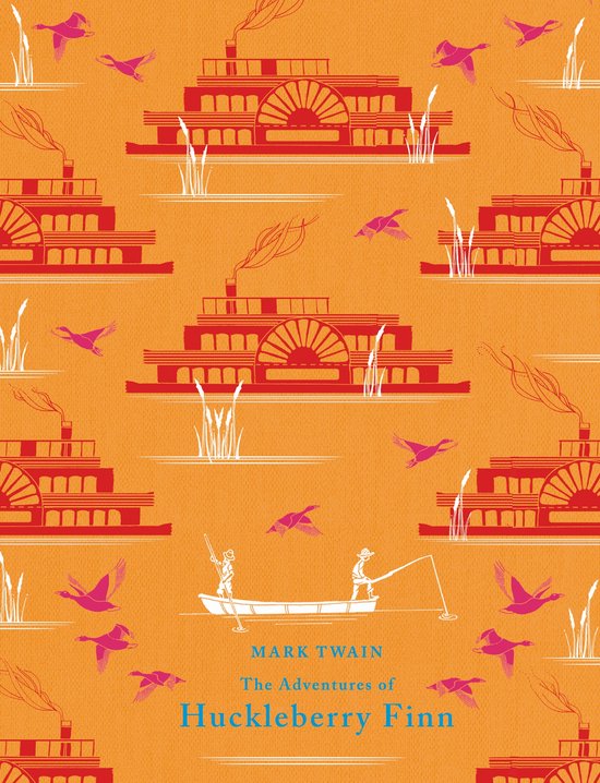 Oranje boek met patroon van stoomboten, vogels en riet. Twee figuren vissen vanaf een boot.
