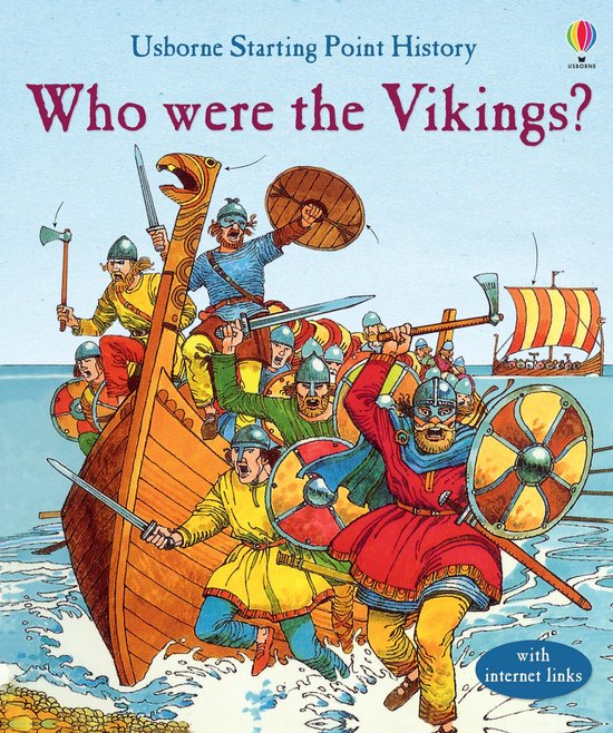 Vikingen in een langschip vallen aan met zwaarden, bijlen en schilden. Het boek heet 'Who were the Vikings?'.