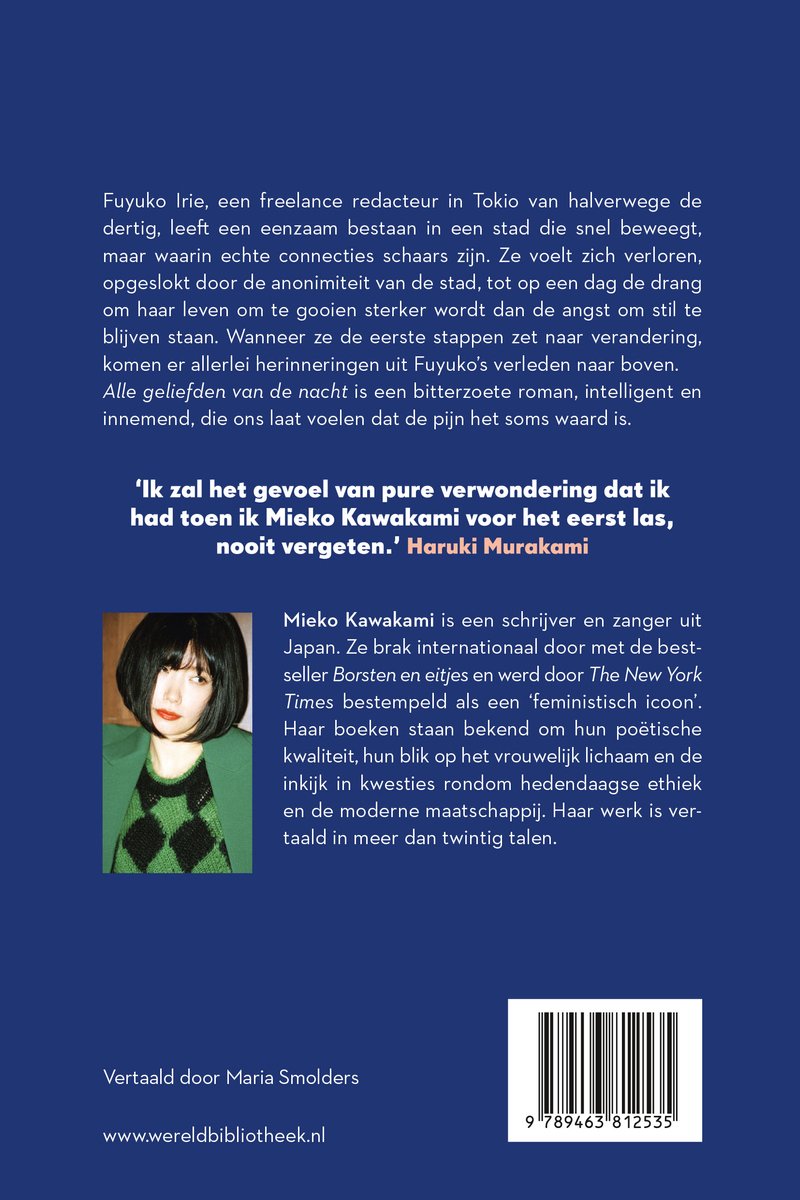 Boekcover met tekst en een foto van Mieko Kawakami.