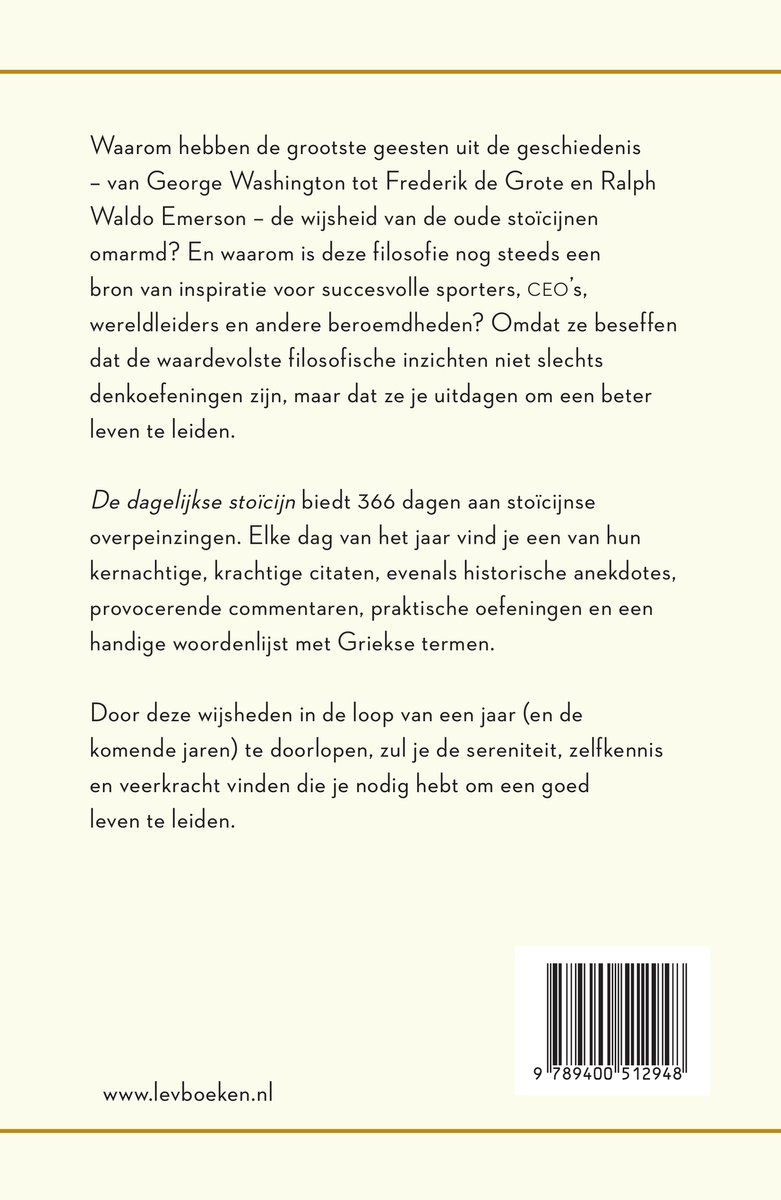 De dagelijkse stoïcijn: 366 overpeinzingen over wijsheid, sereniteit, zelfkennis en veerkracht voor een goed leven. Achterkant van het boek met tekst en ISBN.