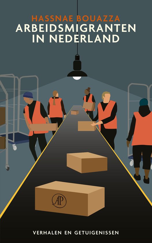Illustratie van migranten die dozen inpakken en verplaatsen in een magazijn.