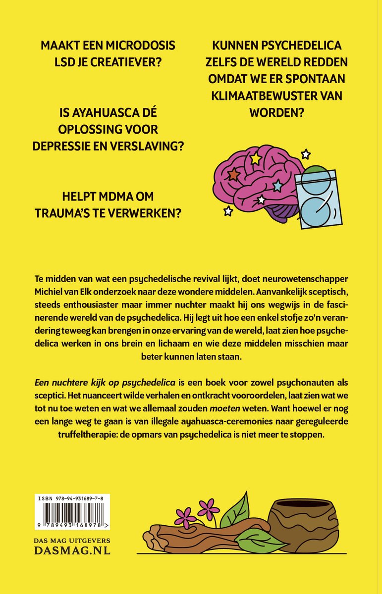 Achterkant van het boek 'Een nuchtere kijk op psychedelica' met tekst en illustraties van een brein en bloemen.