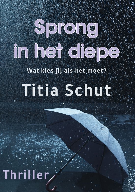 Thriller 'Sprong in het diepe' van Titia Schut, met een paraplu in de regen.