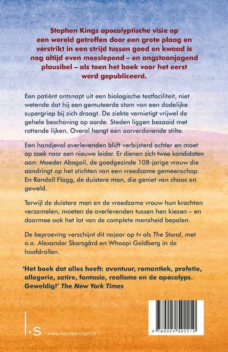 Achterkant van Stephen King's "De Beproeving" met tekst over het boek.