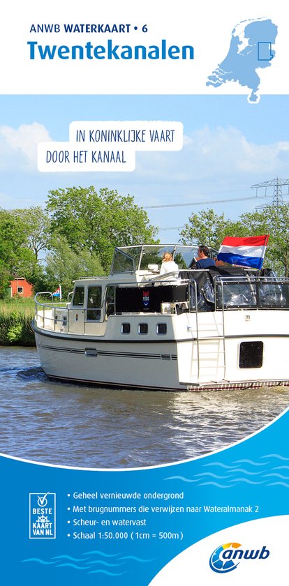 ANWB waterkaart 6 - Twentekanalen. Een boot met Nederlandse vlag vaart op een kanaal.