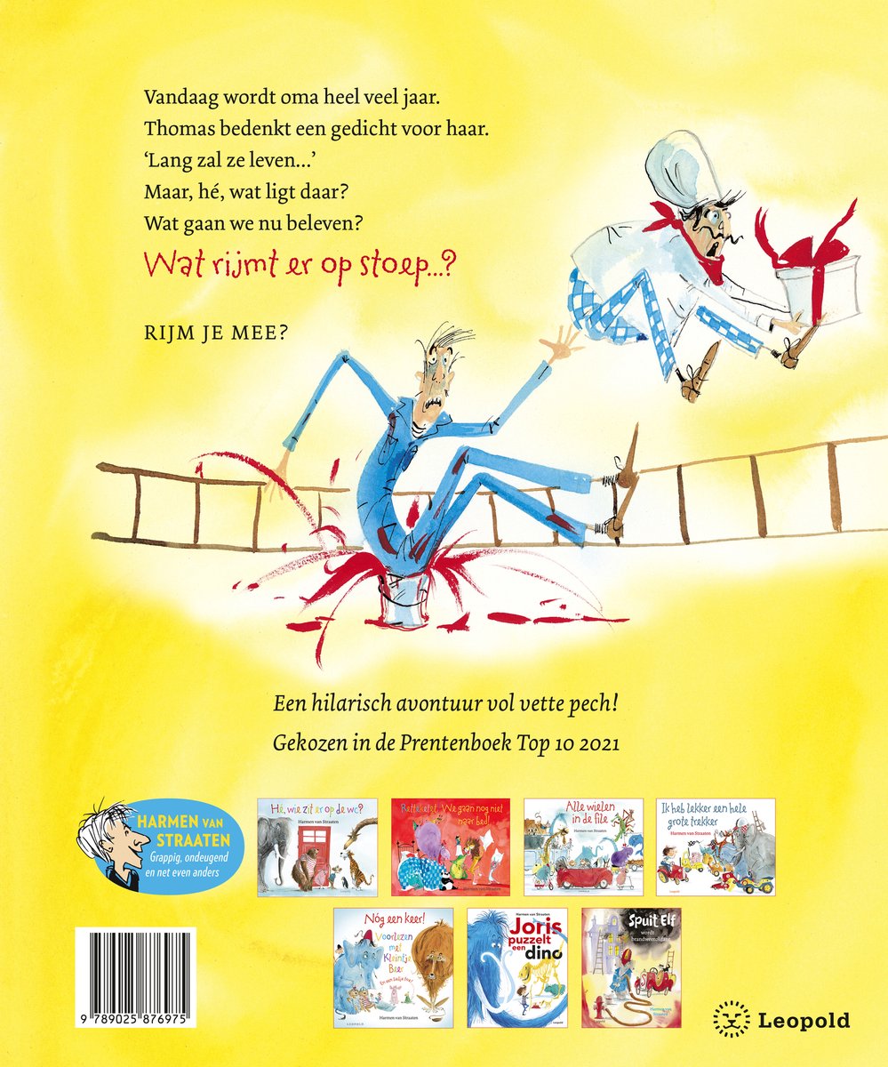 Een boek met een illustratie van twee mannen die op een ladder staan, verf die over de grond spat en een cadeau.