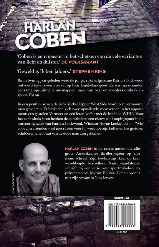 Harlan Coben, een foto van de auteur en de achterflap van het boek "Win".