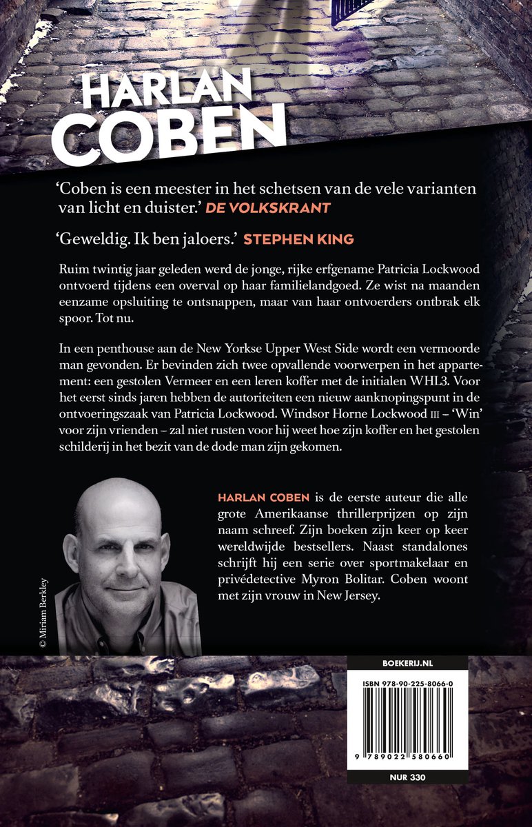 Harlan Coben, een foto van de auteur en de achterflap van het boek "Win".