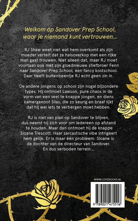 Achterkant boek Misfit, welkomsttekst op Sandover Prep School, ISBN 9789021475516.